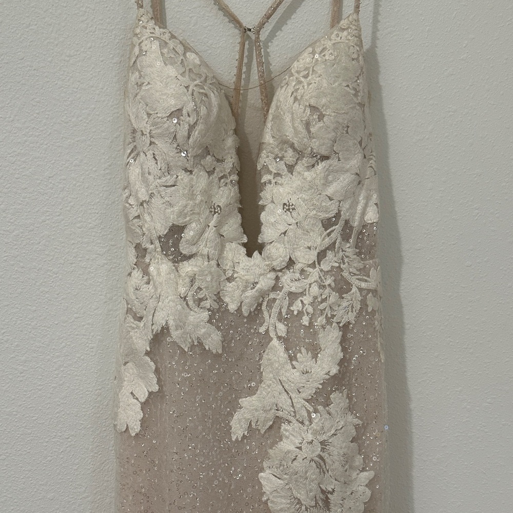 Galina signature Lace Appliqué Plunge Wedding Dress in Ivory and Nude